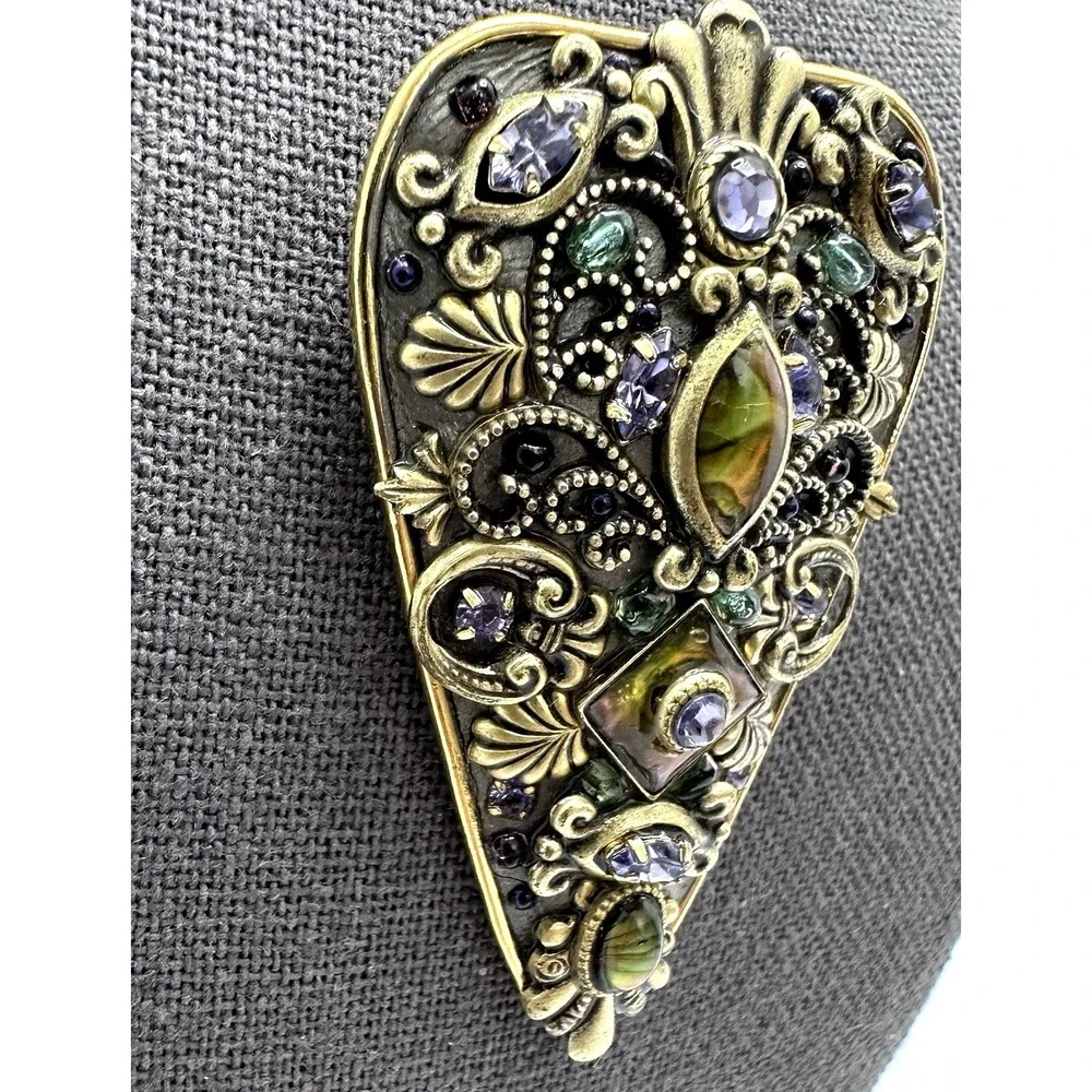 Michal Golan Stamp Brooch Pendant‎ Gold Tone Multi Stone Statement Vintage Style
